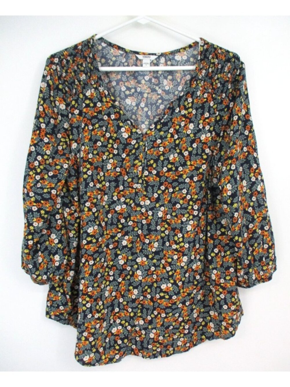 Sonoma Womens Blouse Large Multicolor Floral 3/4 Sleeve V-Neck Casual Top